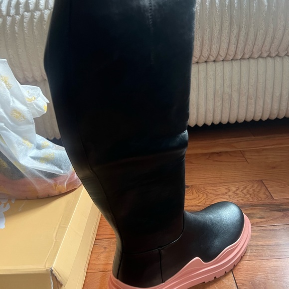 Black chunky Knee high boots with pink bottoms - Picture 6 of 7